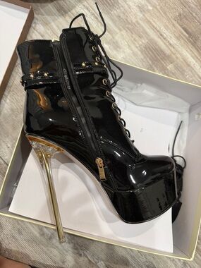 Black Patent Lace-Up Platform Ankle Boot with Gold Stiletto Heel